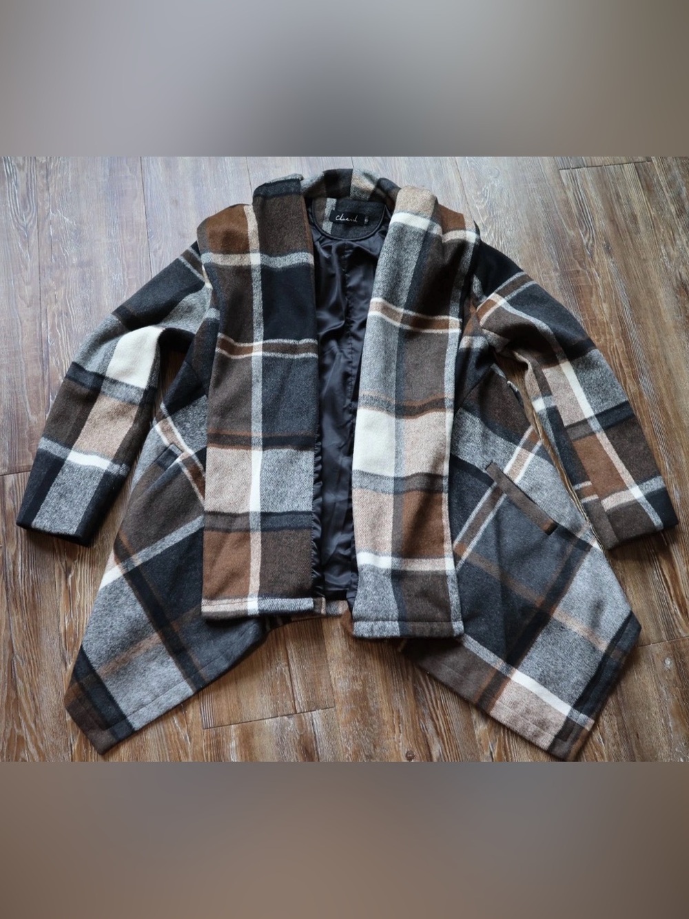 Womens Dark Academia Plaid Draped Coat Jacket Moody Office Wool Blend S